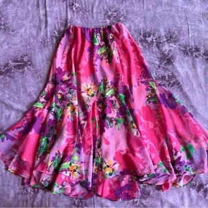 Caché Vintage twirl handkerchief hem hot pink floral midi skirt size L